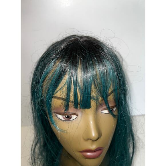 Long Ombre Straight Free Parting Synthetic Wig Two Tone Mix teal Green black NWT - Picture 4 of 12